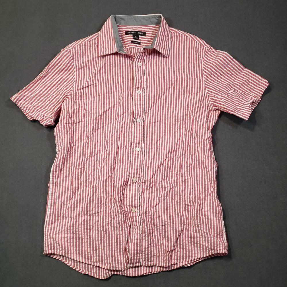 Michael Kors Button Down Shirt Mens Medium Red White Striped Short Sleeve Cotton